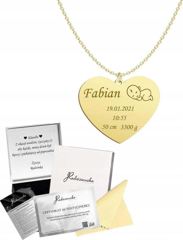 Radziszewska Jewellery Złoty Naszyjnik Metryczka Dziecka SREBRO 925 Prezent GRAWER GRATIS