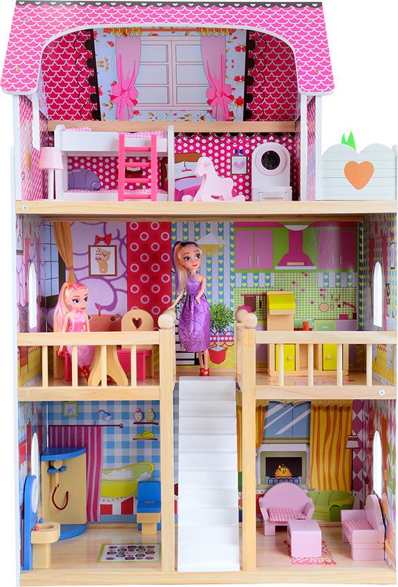 Funfit Drewniany domek dla lalek z oświetleniem LED RGB + 2 lalki (3046)