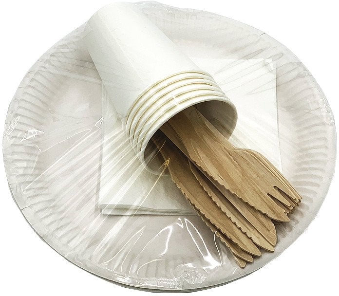 SET OF PAPER DISHES AND WOOD TOOLS 6 WH