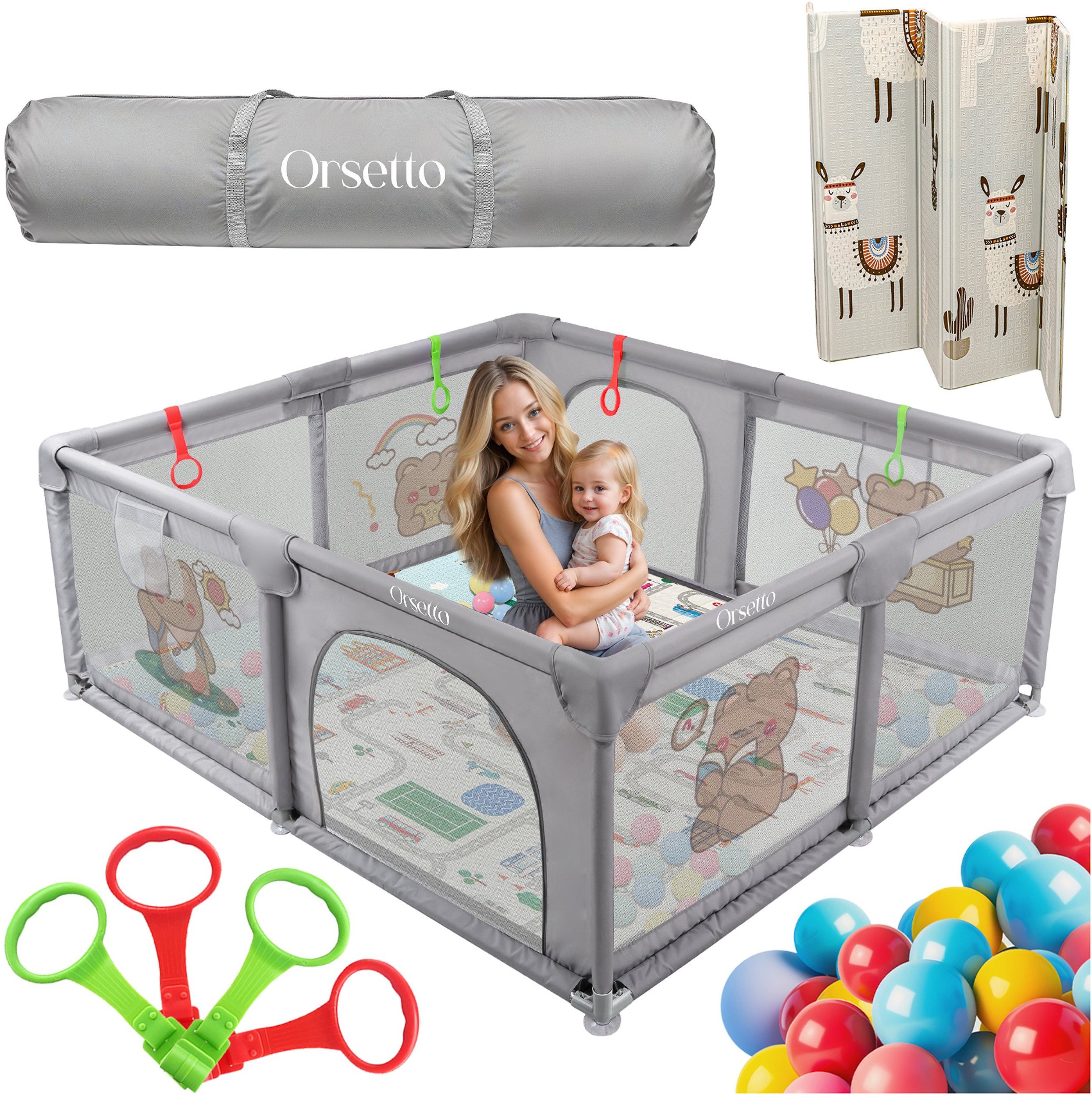 ExtraLink KOJEC DZIECIĘCY Z MATĄ PIANKOWĄ 150x180 cm PLAC ZABAW SUCHY BASEN UCHWYTY I 50 PIŁEK