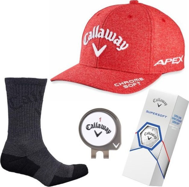Zestaw prezentowy dla Golfisty, Callaway E03, czapka z daszkiem, skarpety, 3 piłki golfowe i marker z logo Callaway