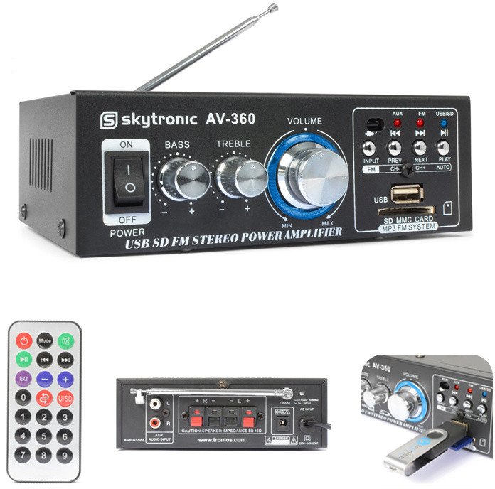Wzmacniacz 2x 40W FM USB SD SkyTronic AV360 one size