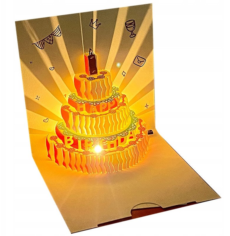 Kartka URODZINOWA PIĘKNA GRAJĄCA Melodia ŚWIATŁO TORT LED Magiczna Świecąca