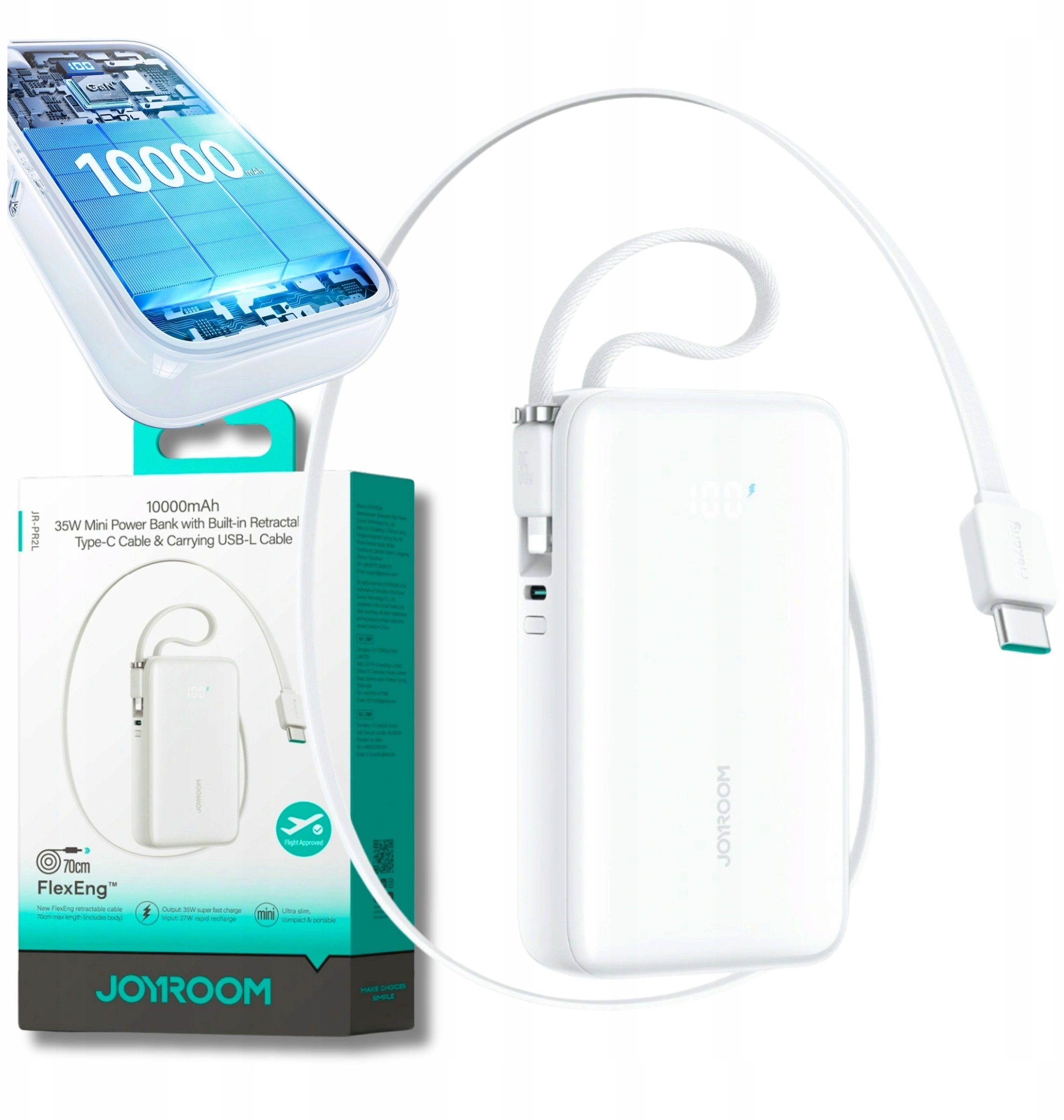 Powerbank Joyroom JR-PR2L 10000mAh 35W z wbudowanym zwijanym kablem USB-C i kablem-smyczą Lightning - biały
