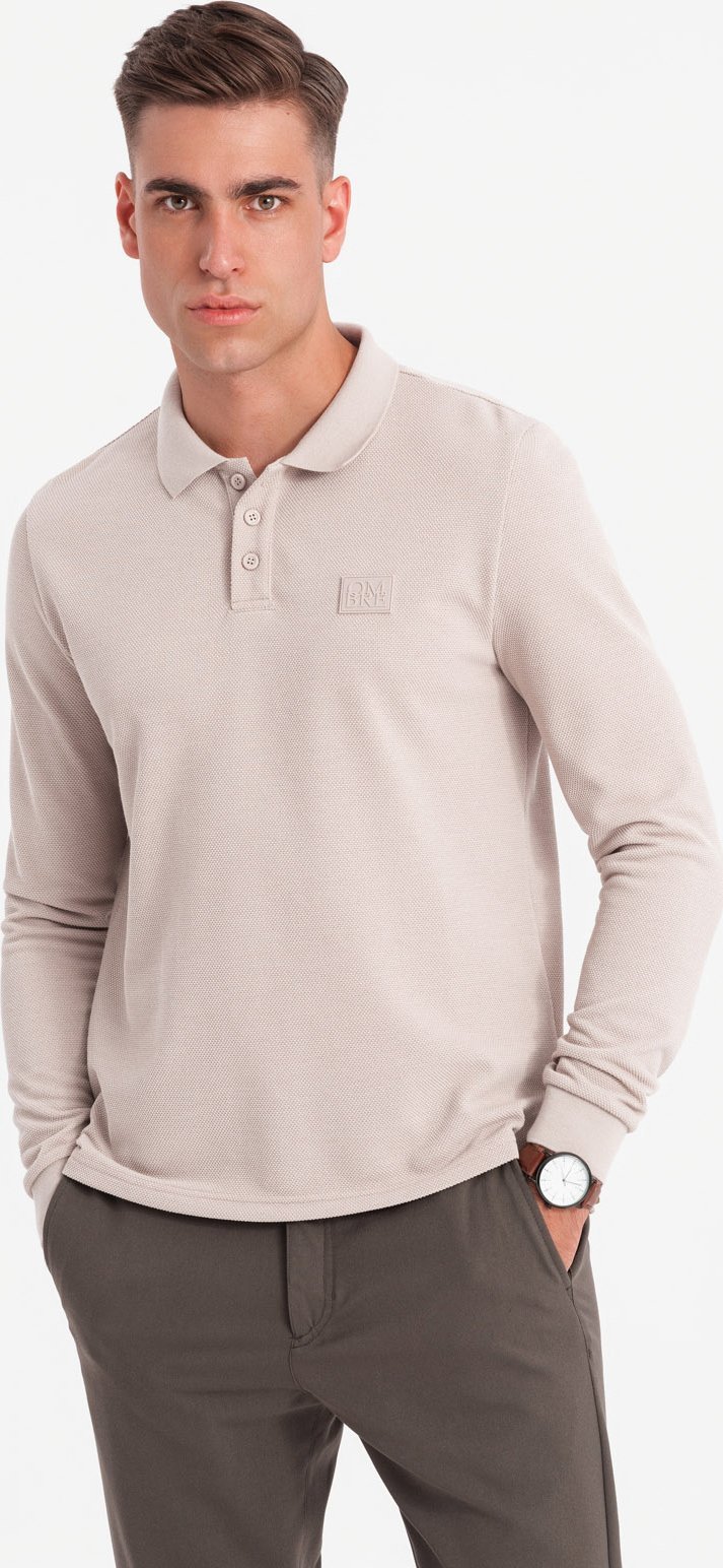 Ombre Strukturalny longsleeve polo męski z naszywką popielaty V3 OM-POLS-0131 M