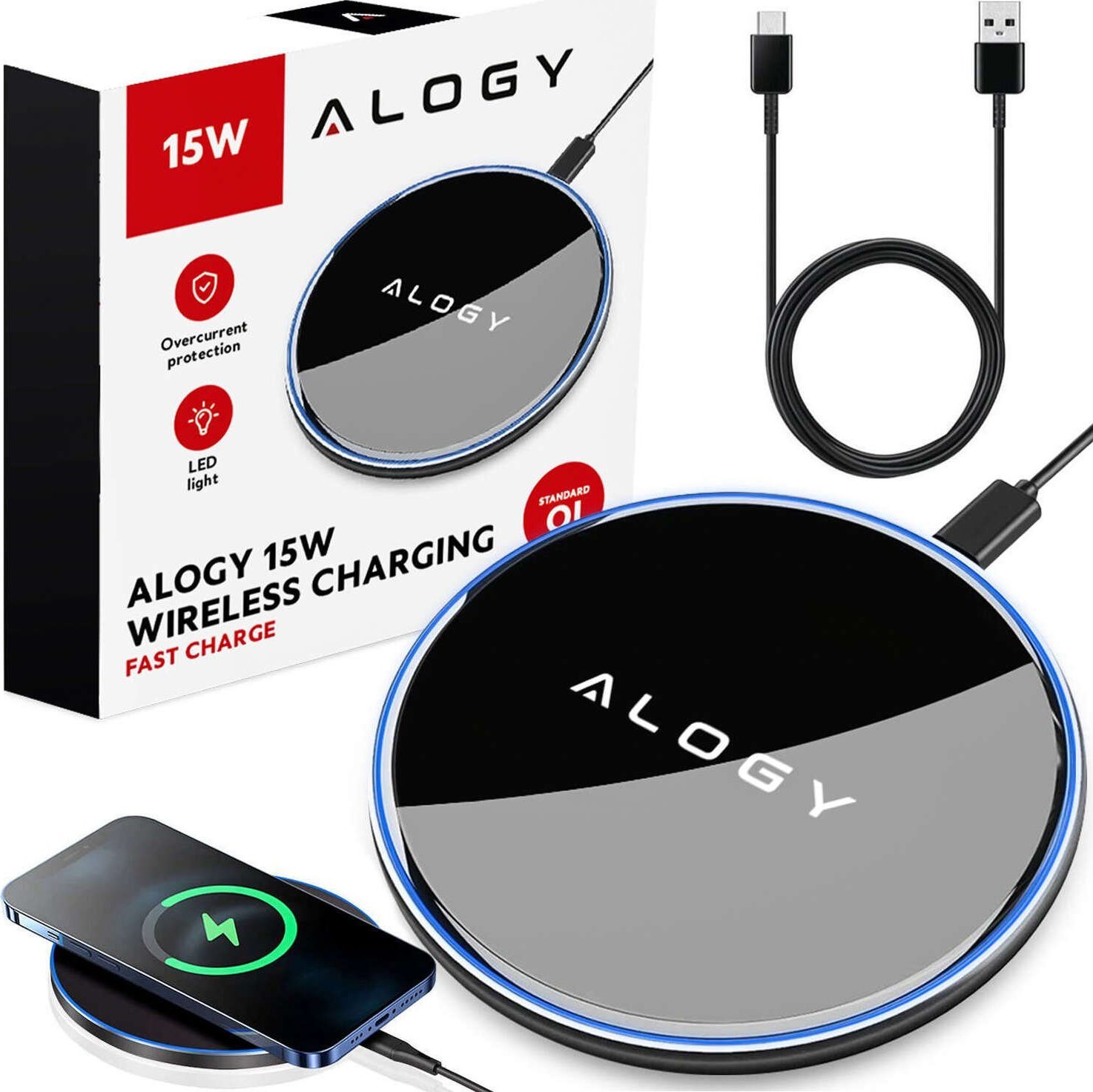 Ładowarka Alogy Ładowarka indukcyjna QI bezprzewodowa 15W szybka LED Alogy okrągła do iPhone + kabel USB-C Czarna