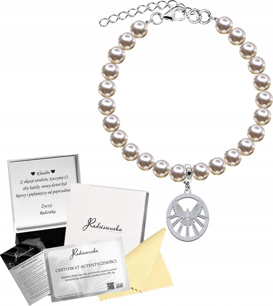 Radziszewska Jewellery Bransoletka Srebrna Duch Święty Perły Bierzmowanie 925 Prezent ŻYCZENIA