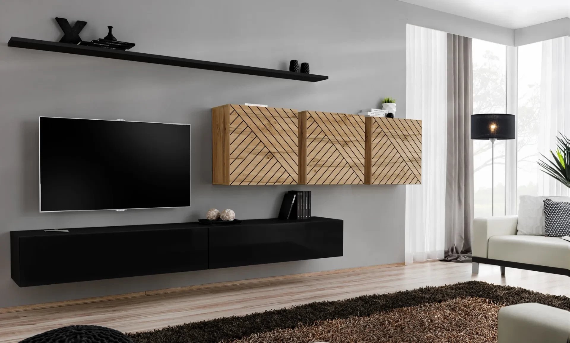 Meblościanka SWITCH LAMEL VII czarna/dąb wotan ASM Meble