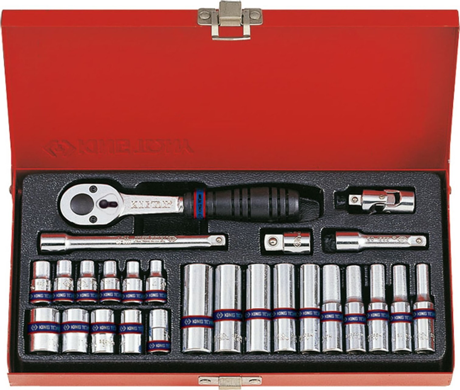 King Tony ZESTAW NASADEK 1/4" 26cz. KRÓTKIE + DŁUGIE, 6-kąt. 4 - 13mm Z GRZECHOTKĄ I AKCESORIAMI, KASETA King Tony