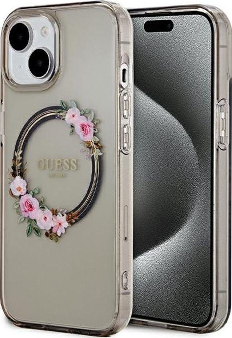 Guess Guess IML Flowers Wreath MagSafe - Etui iPhone 15 (czarny)