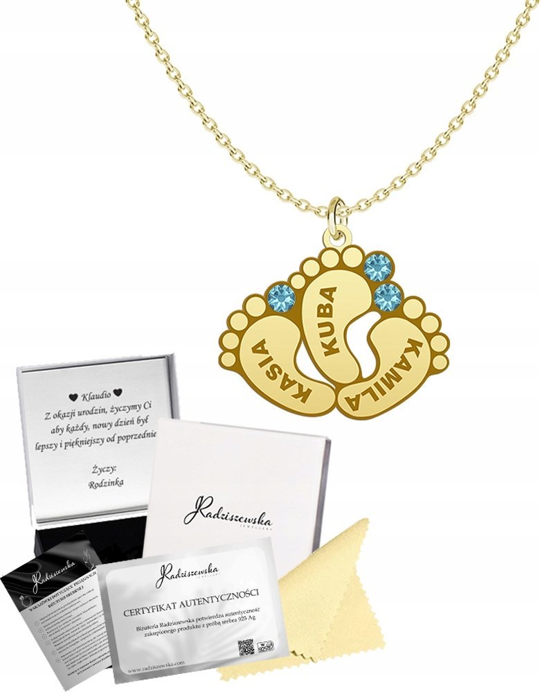 Radziszewska Jewellery Złoty Naszyjnik STÓPKI DZIECI Imię Dziecka SREBRO 925 Prezent GRAWER GRATIS