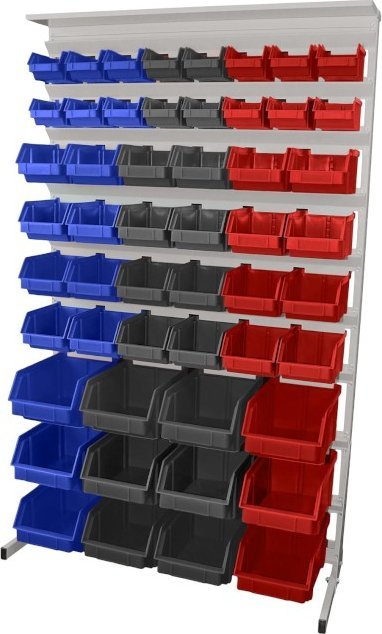 Leomar Regał do pojemników warsztatowych, jednostronny. Wym. 1560x940x400 mm z półką 52 pojemniki, niebieskie, szare, czerwone