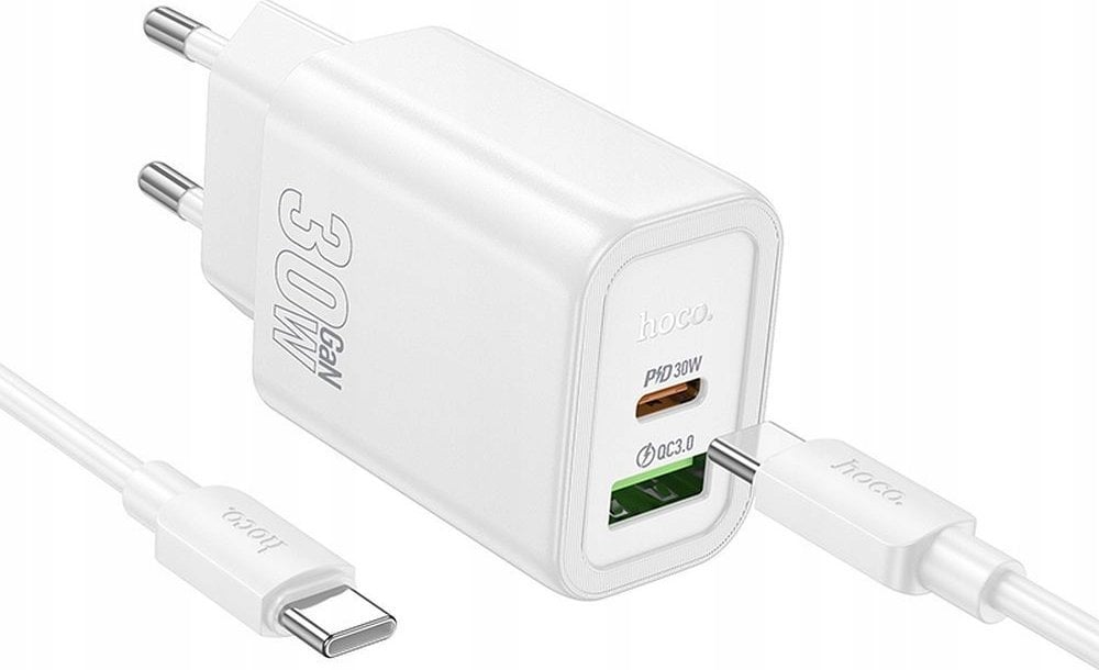 HOCO ładowarka sieciowa USB A + Typ C + kabel Typ C do Typ C PD QC3.0 3A 30W N63 biała