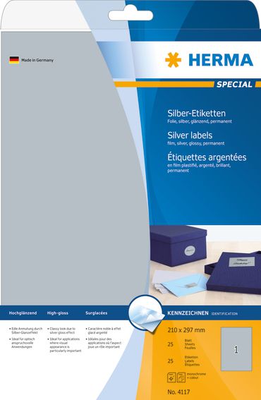 Herma Etykiety foliowe A4, folia srebrna błyszcząca, 25 szt (4117)