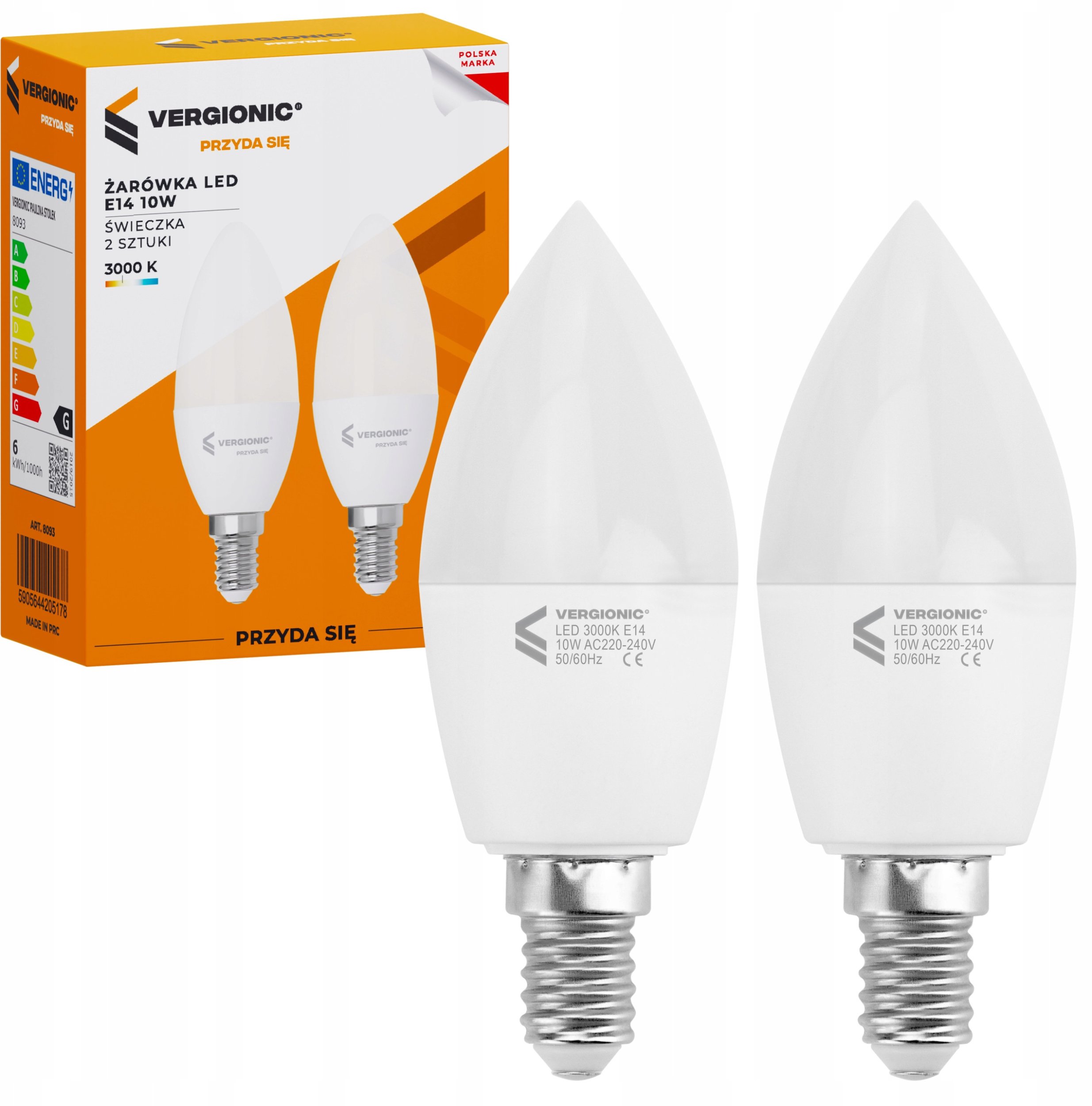 VERGIONIC Żarówka LED E14 10W 3000K świeczka 2 szt.