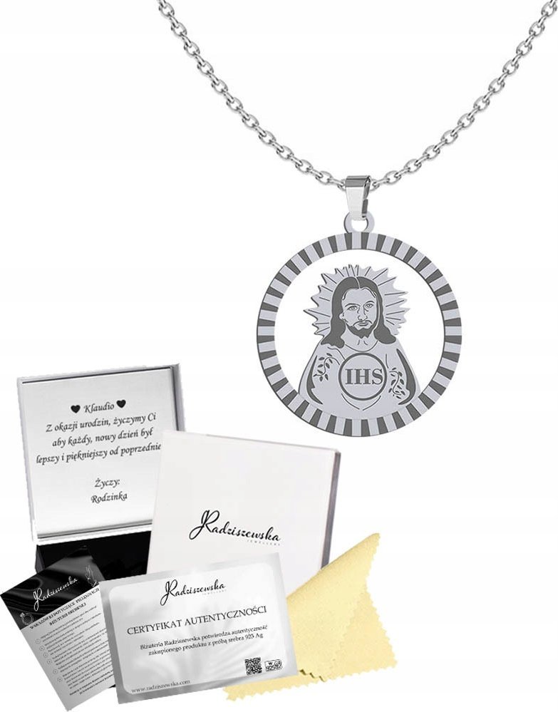 Radziszewska Jewellery Srebrny Łańcuszek z Medalikiem Pan Jezus 925 Prezent Komunia GRAWER GRATIS