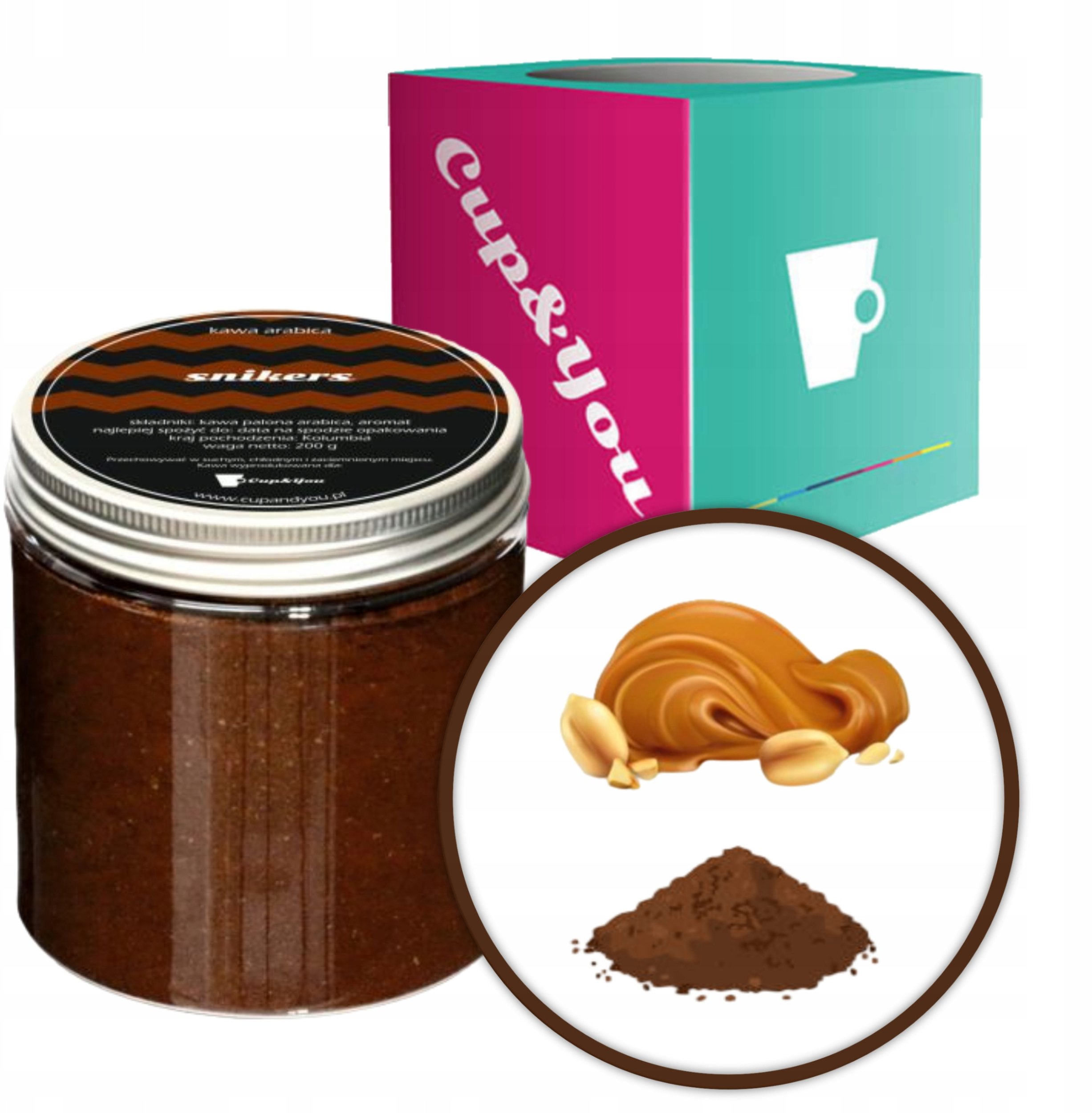 Kawa aromatyzowana o smaku Snickers mielona deserowa ARABICA Cup&You 200g na prezent upominek dla kobiety mężczyzny faceta mamy taty żony męża