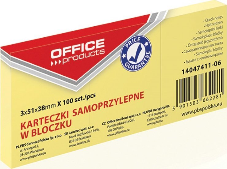 OfficeProducts Karteczki Office Products 38x51mm żółte (3x100) -