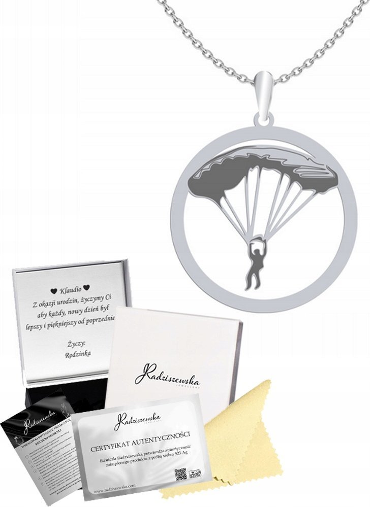 Radziszewska Jewellery Naszyjnik Srebrny Spadochroniarz Prezent Łańcuszek GRAWER DEDYKACJA GRATIS