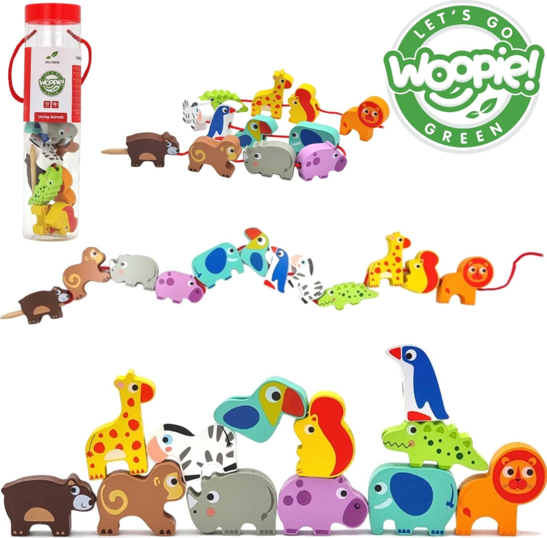 Woopie GREEN* Drewniane Klocki do Nawlekania Zwierzęta Safari ZOO 13 el.