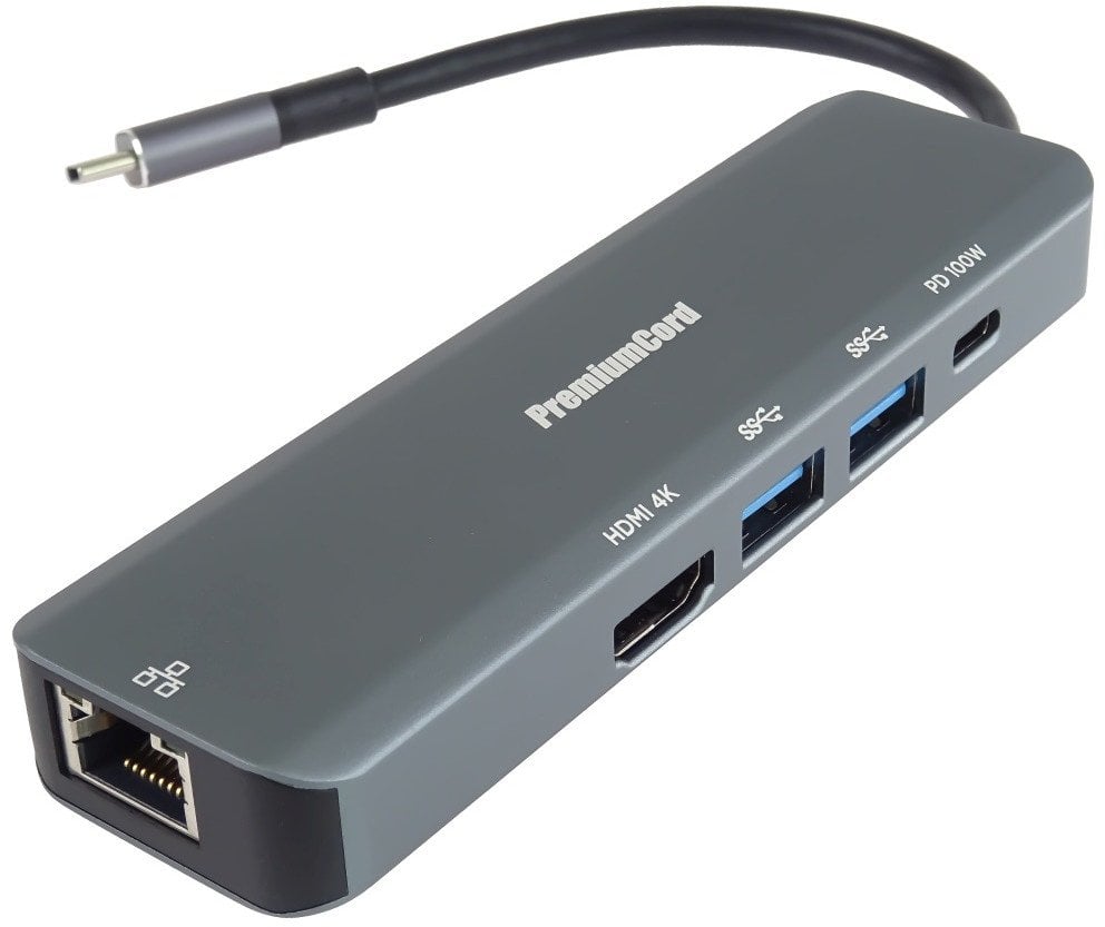 PREMIUMCORD Adaptér USB-C na Gigabit 10/100/1000Mbps + 1x HDMI, 2x USB3.2, 1x PD 100W konektor, Šedá