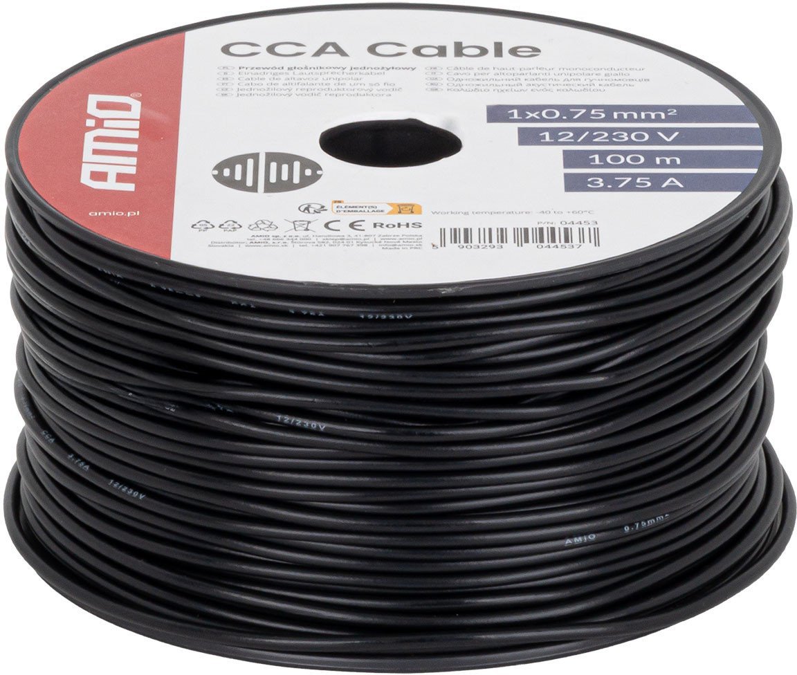 Przewód jednożyłowy czarny cable cca 1x0.75mm2 100m 3.75a 12/230v amio-04453