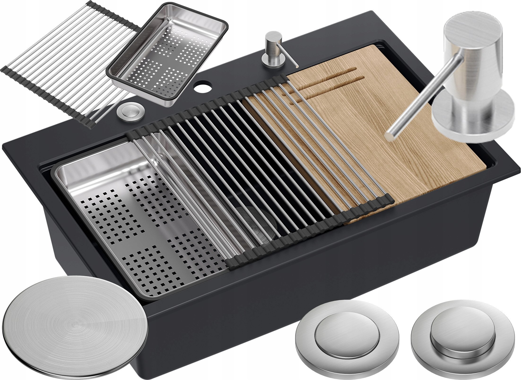 Zlewozmywak GraniteQ Zlewozmywak granitowy MARC 1-komorowy 76x50 cm czarny/pure carbon + elementy stal szlachetna