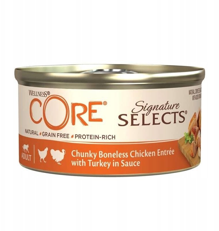 Whiskas Core Signature Selects Chunky Chicken karma mokra, dla dorosłych kotów, mięsne kawałki z kurczakiem i indykiem, 79g, puszka