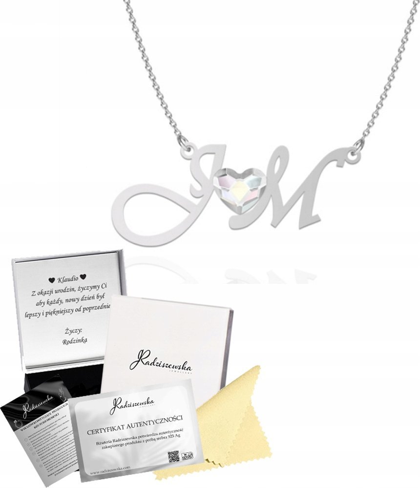 Radziszewska Jewellery NASZYJNIK Z INICJAŁAMI ŁAŃCUSZEK KRYSZTAŁ SREBRO 925 PREZENT ŻYCZENIA