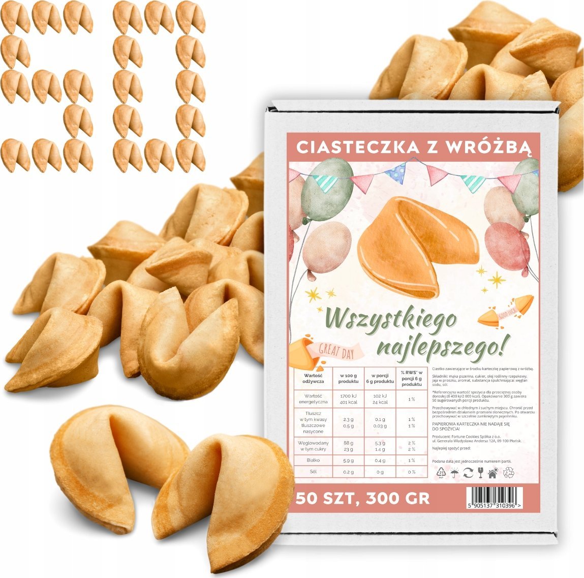 MagiaCiast Chińskie Ciasteczka z Wróżbą Wszystkiego Najlepszego Magia dla gości 50 szt