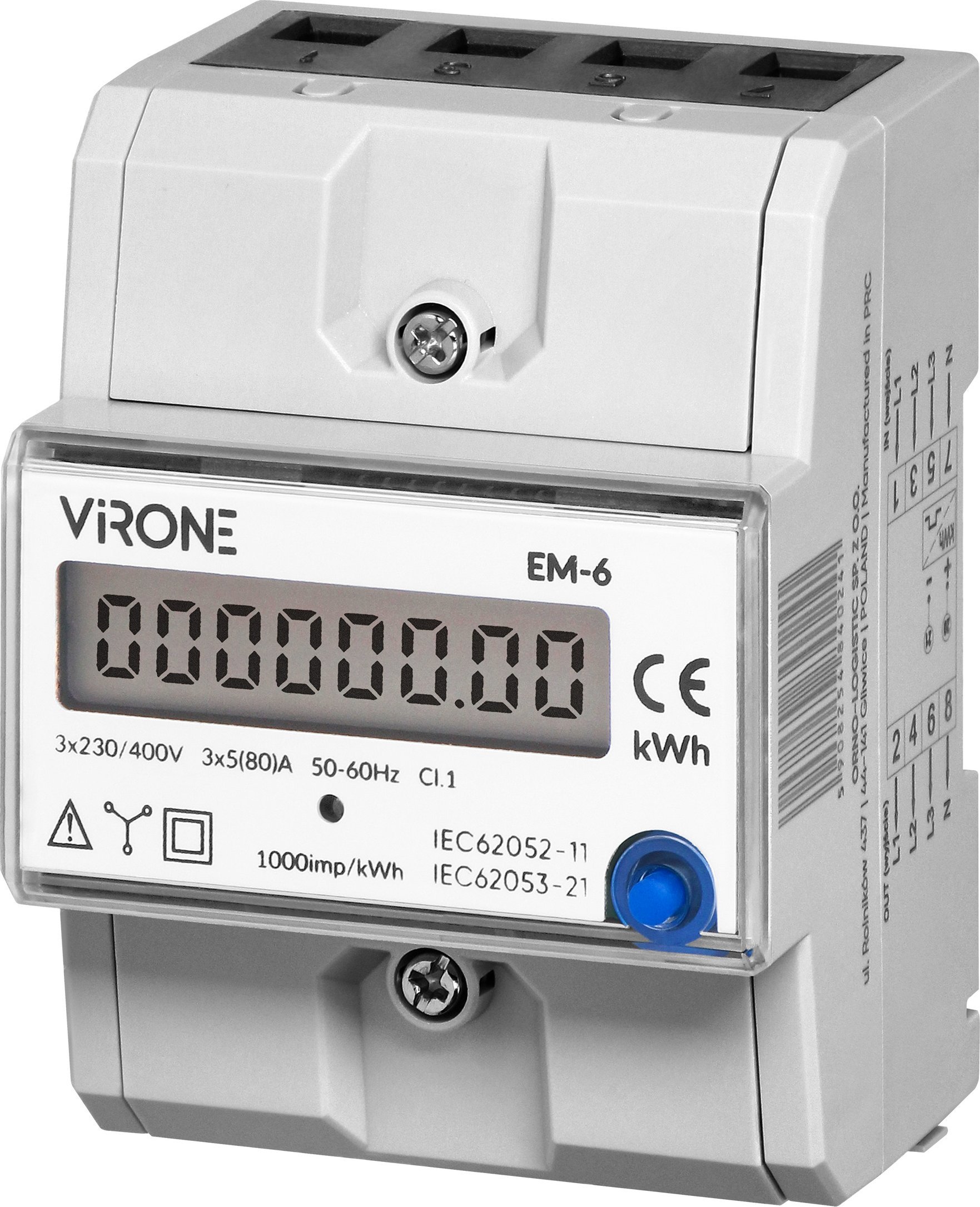 Orno 3-fazowy wskaźnik zużycia energii elektrycznej, 80A, dodatkowy wskaźnik, wyjście impulsowe, przycisk RESET, 2 moduły, DIN TH-35mm