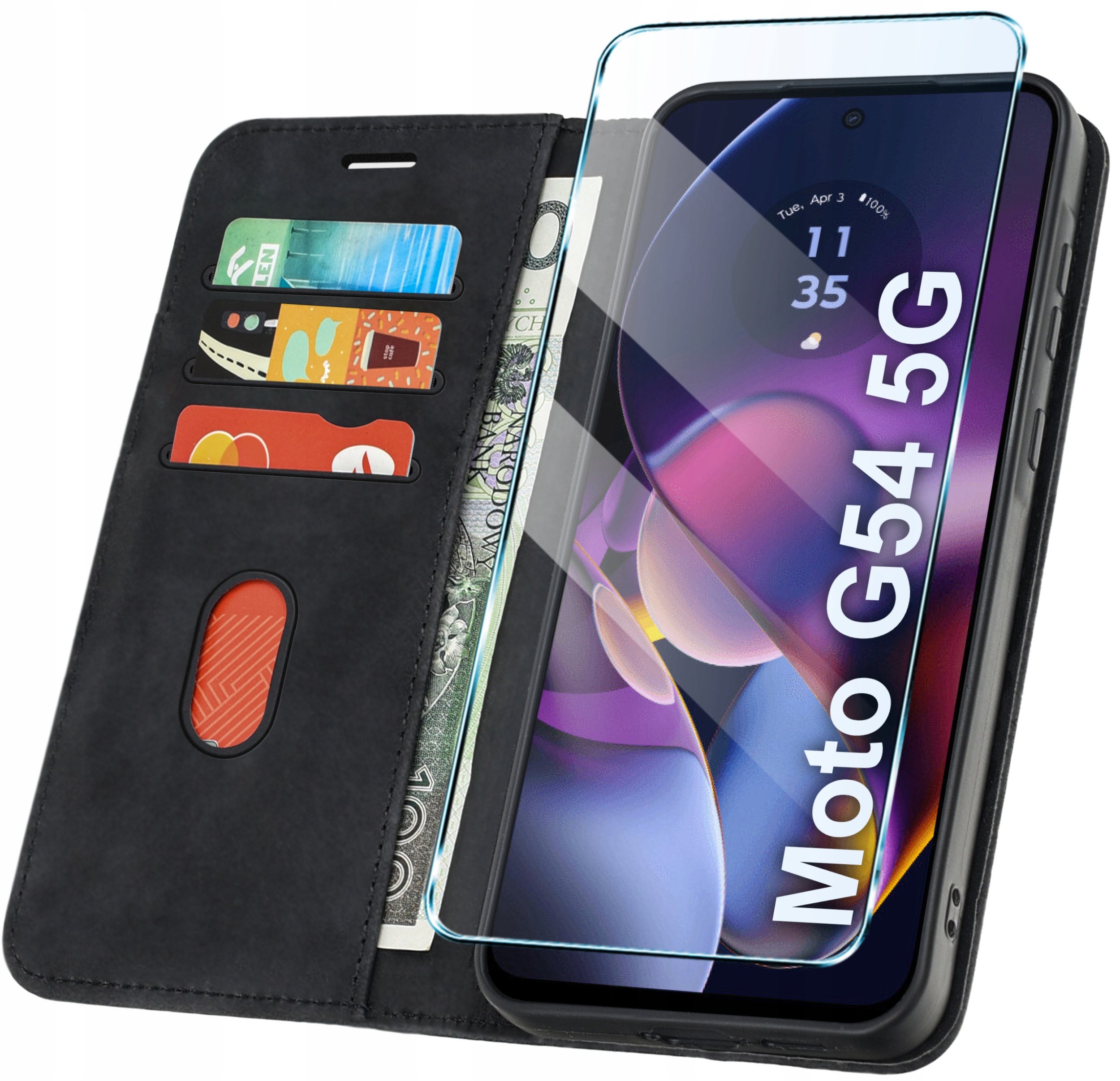 ETUI Z KLAPKĄ do Motorola G54 5G Zamykane, Magnetyczne Kabura + Szkło