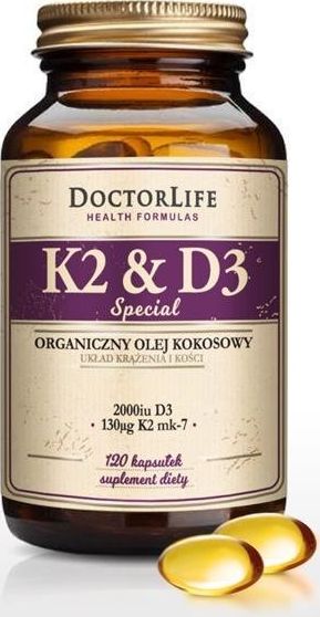 Doctor Life DOCTOR LIFE_K2 D3 organiczny olej kokosowy 130ug K2 mk-7 2000iu D3 suplement diety 120 kapsułek