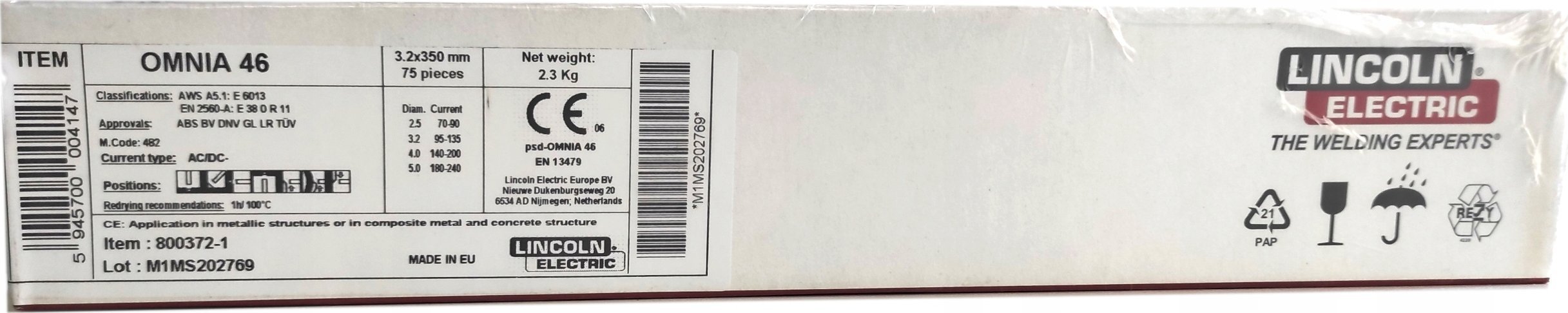 Lincoln Electric ELEKTRODA RUTYLOWA 3,2mm 350mm 2,3kg. OMNIA 46 LINCOLN ELECTRIC