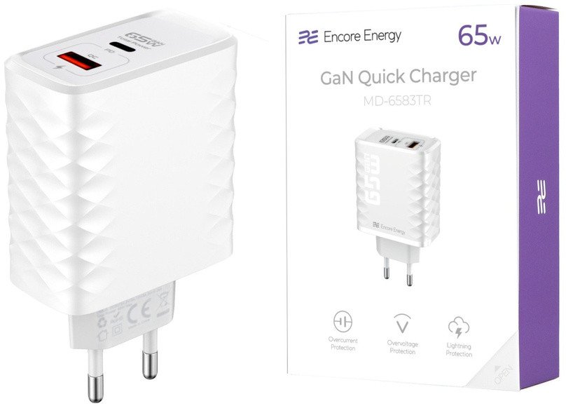 ładowarka sieciowa GaN 65W USB-A + USB-C QC PD Encore Energy MD-6583TR