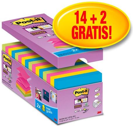 Post-it Bloczek samoprzylepny SUPER STICKY Z-NOTES R330-SS-VP16 76x76mm mix kolorów, 16 sztuk (3M0584)