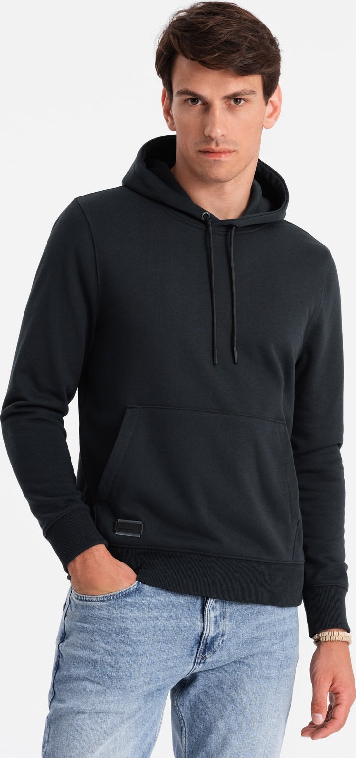 Ombre Męska dresowa bluza bawełniana kangurka z kapturem BASIC czarna V9 OM-SSBN-0161 S