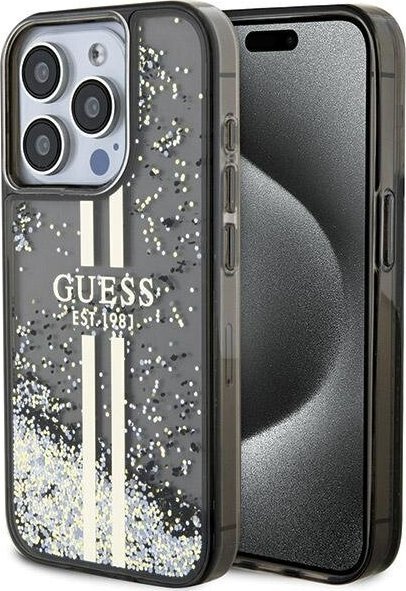 Guess Guess GUHCP15LLFCSEGK iPhone 15 Pro 6.1" czarny/black hardcase Liquid Glitter Gold Stripes