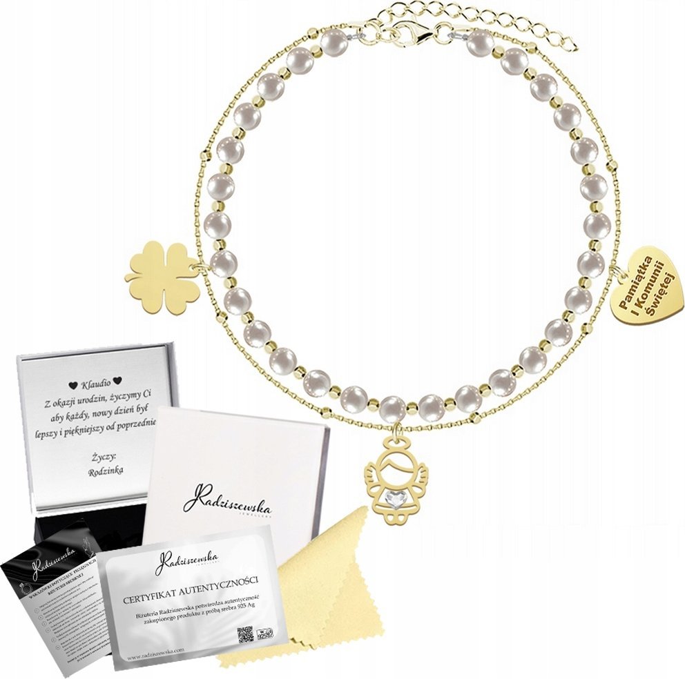 Radziszewska Jewellery Bransoletka Złota z Aniołem Koniczyna Serce 925 Perły Prezent GRAWER GRATIS