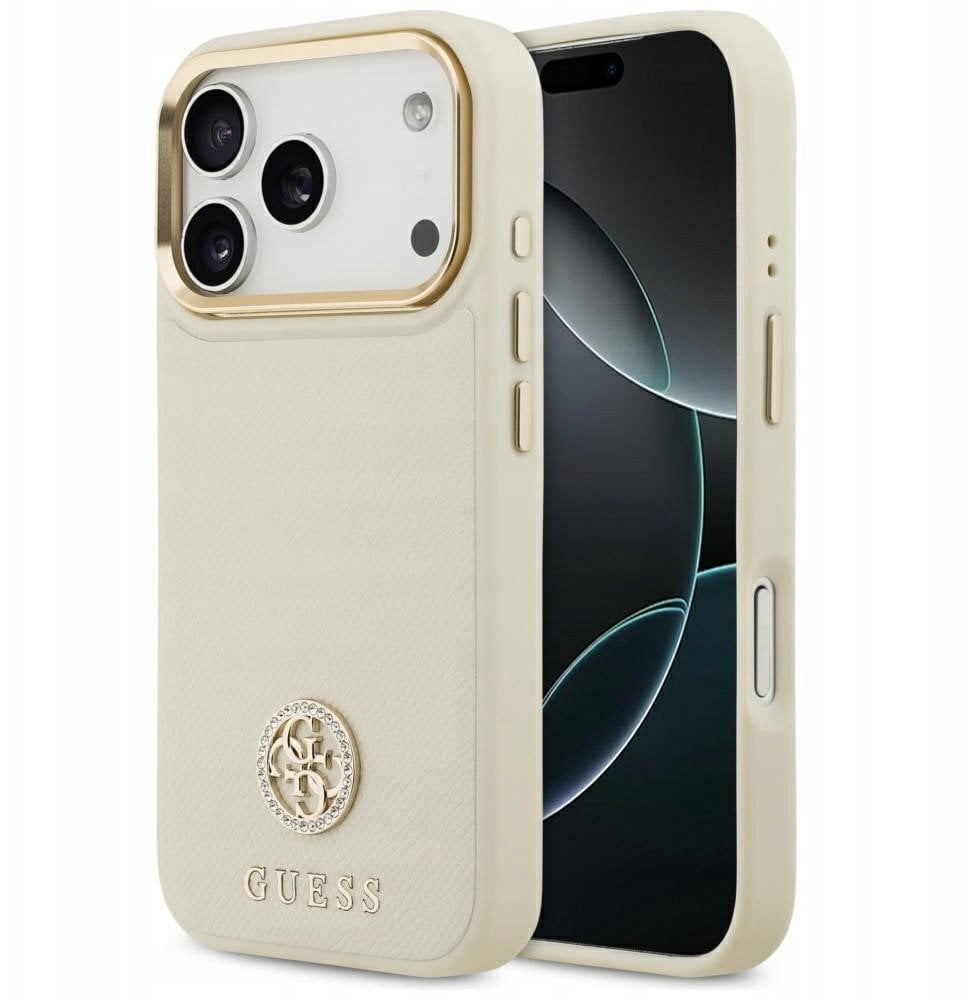 Etui Guess Grained Strass Logo MagSafe do iPhone 17 Pro beżowy
