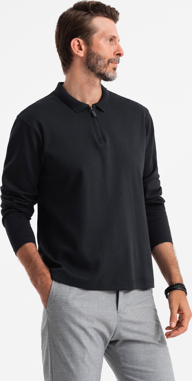 Męski longsleeve z zapinanym na zamek kołnierzykiem polo czarny V8 OM-POLS-0130 M