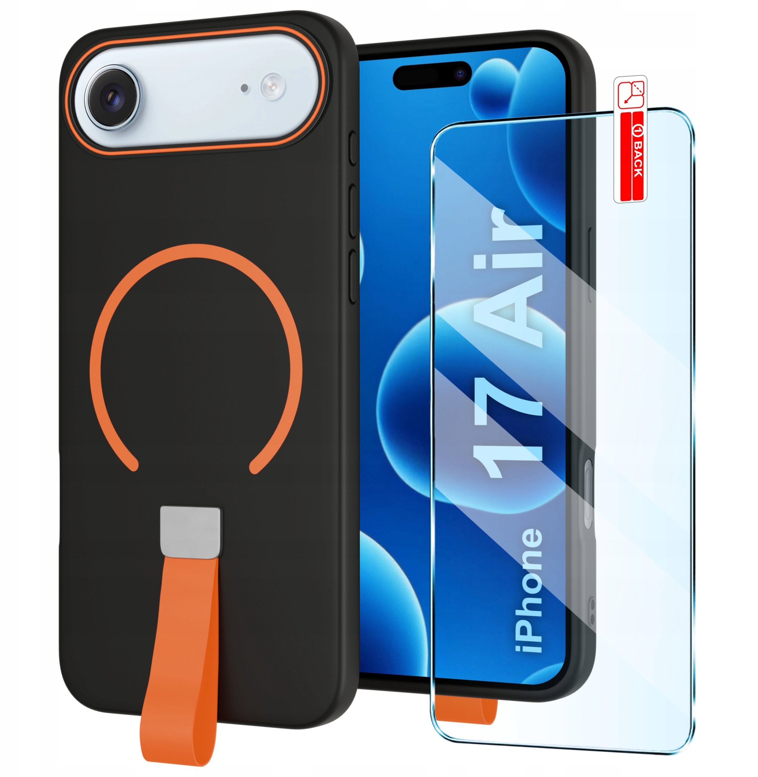 Etui z Paskiem na palec Matowe CZARNE do iPhone 17 Air |do MagSafe +Szkło