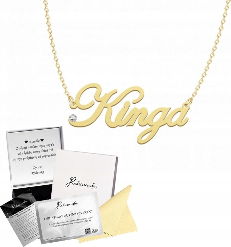 Radziszewska Jewellery ZŁOTY NASZYJNIK Z IMIENIEM KINGA ŁAŃCUSZEK SREBRO 925 PREZENT ŻYCZENIA