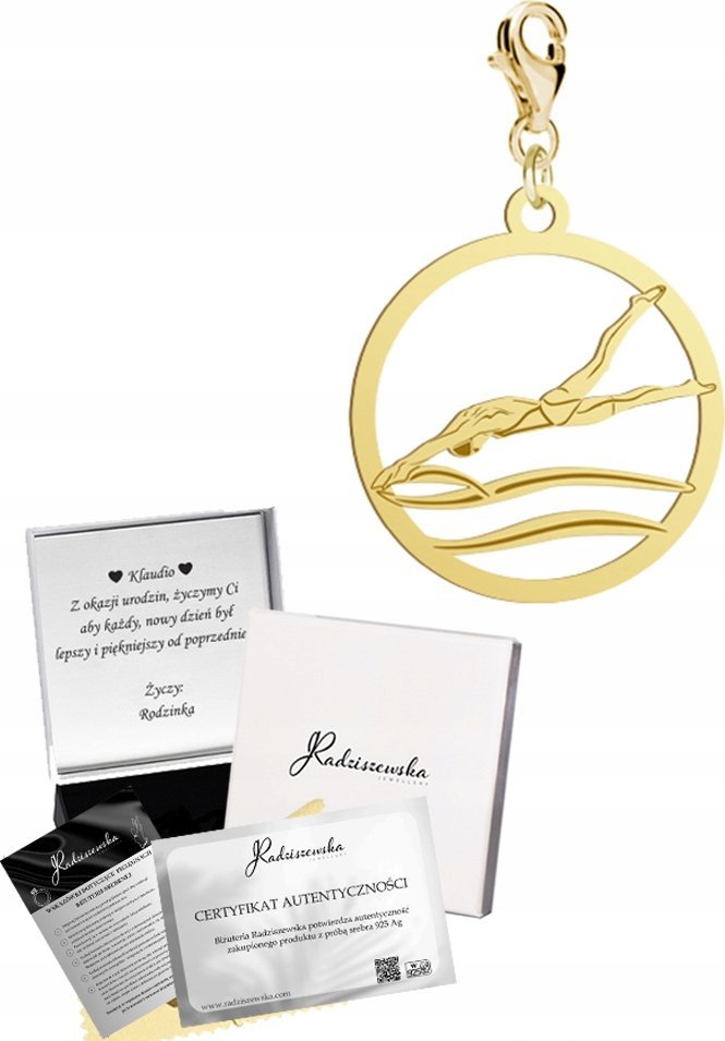 Radziszewska Jewellery Złoty Charms Pływak Pływanie Karabińczyk SREBRO 925 Prezent DEDYKACJA