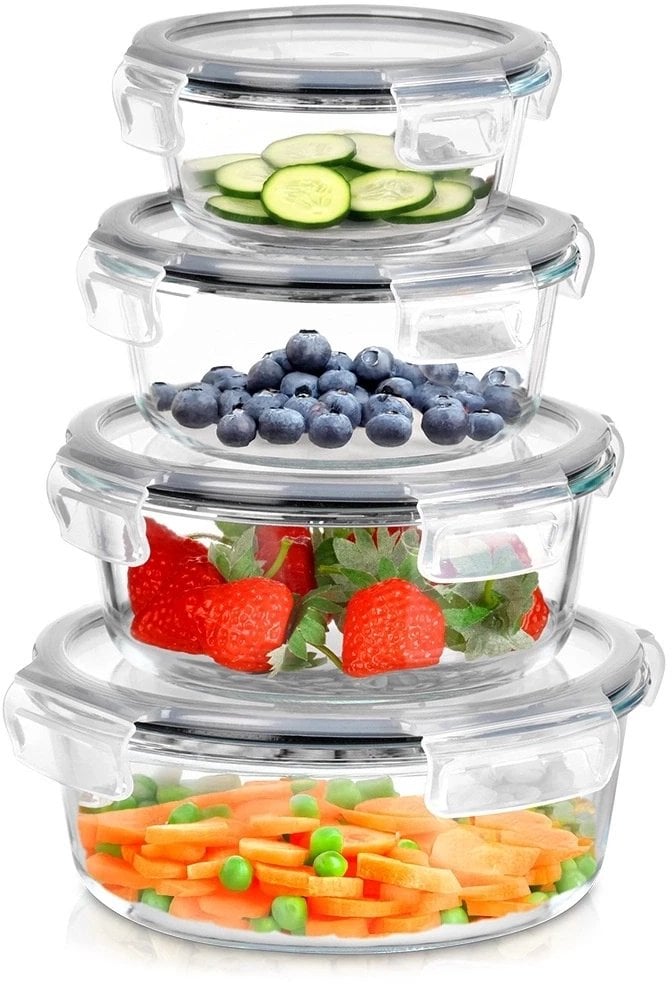 Pojemniki na żywność szklane z pokrywką i uszczelką okrągłe 4 szt.
