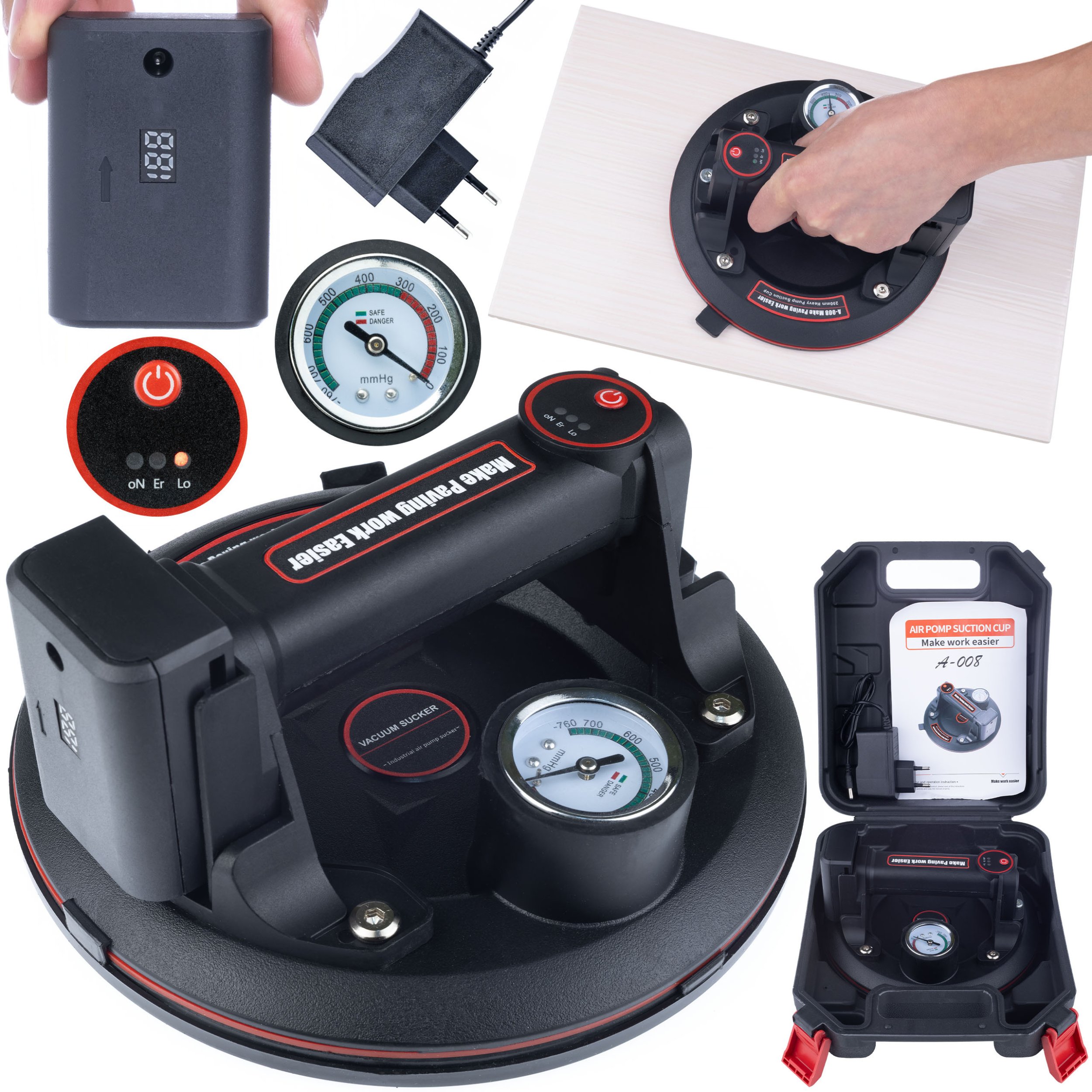 AKUMULATOROWA PRZYSSAWKA PRÓŻNIOWA MAONOMETR UCHWYT PŁYTEK GLAZURY SZYB