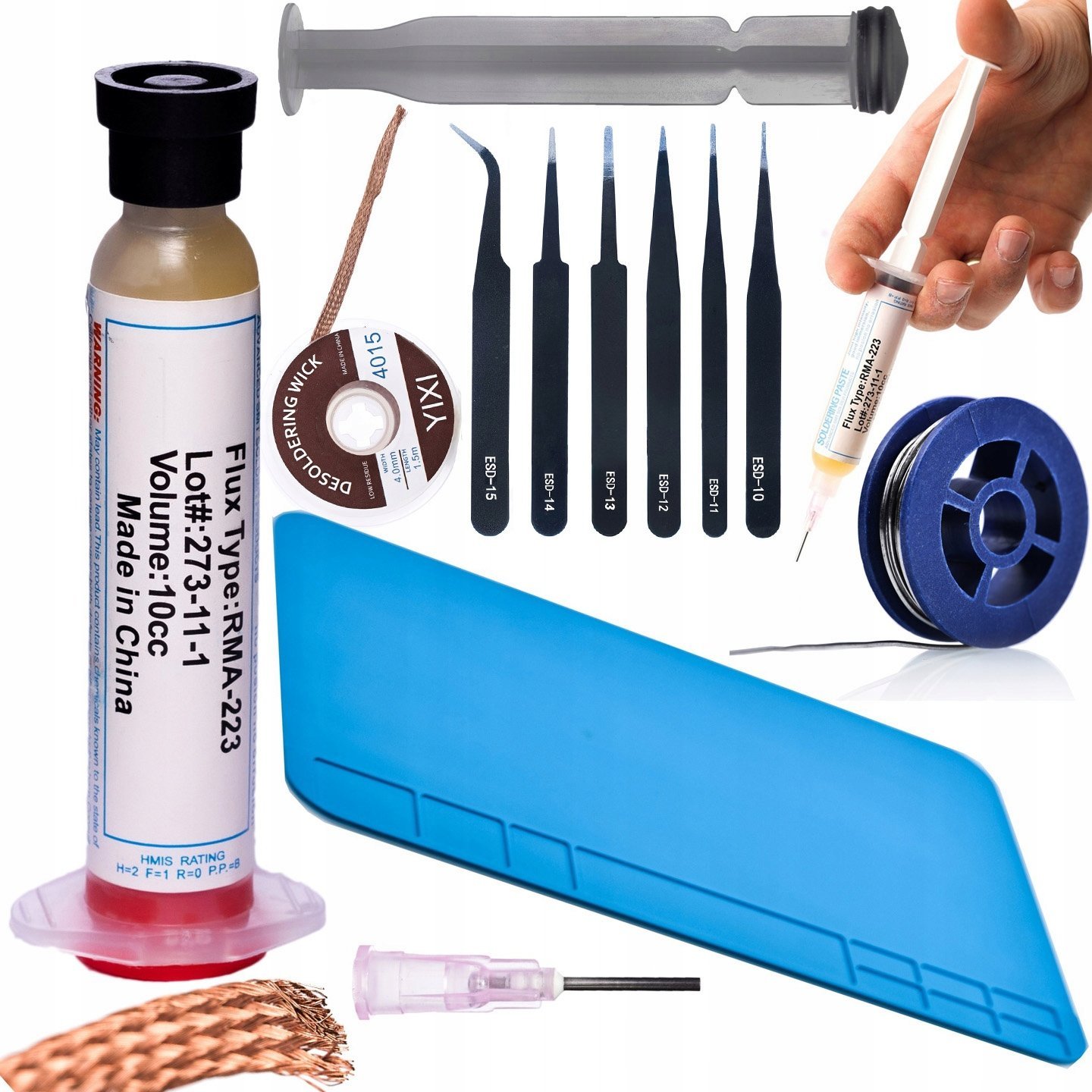 Rosfix Rosfix Topnik flux lutowniczy RMA-223 z tłoczkiem i igłą+Cyna 0,8mm 10g+Mata 20x30+Plecionka 3,5MMx1,5M+6x pęseta