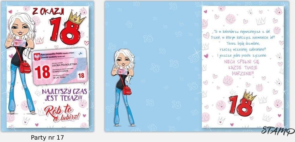 Karnet Party naklejany B6+koperta Urodziny 18 wz17
