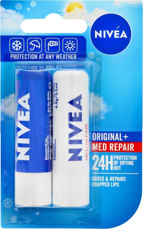 Nivea Lip Care DUO Pomadka ochronna Original Care + Med Repair 4.8mlx2