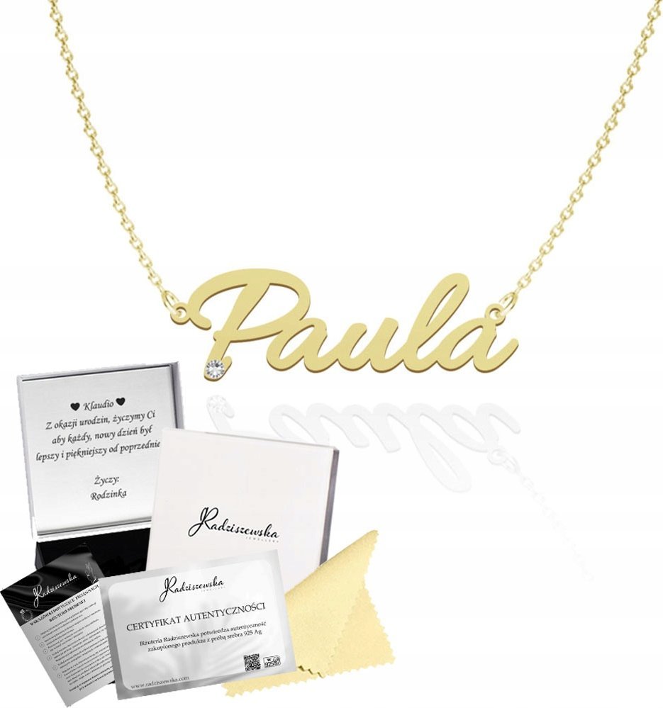 Radziszewska Jewellery Złoty Naszyjnik z imieniem PAULA Łańcuszek Prezent SREBRO 925 Dedykacja